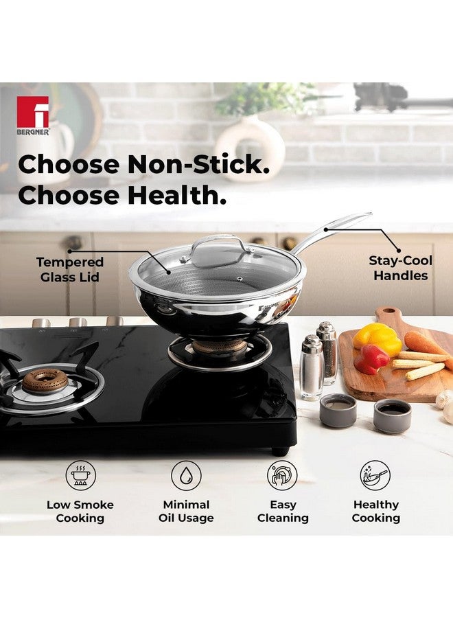 BERGNER Bergner Hitech Triply Non-Stick 24 cm Wok with Glass Lid, 3.1 L Capacity Wok with Non-Stick Mesh Pattern Inside, Rivetless Handles, Metal Spatula Friendly, Induction Bottom and Gas Stove Ready 