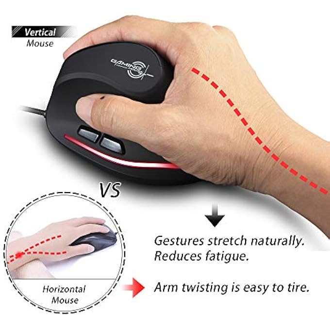 ZELOTES WIRED MOUSE FOR COMPUTER,3200DPI,6 BUTTONS LED USB OPTICAL ERGONOMIC MOUSE,VERTICAL MOUSE,CORDED MOUSE FOR LAPTOP,PC,MAC,BLACK - Image 2