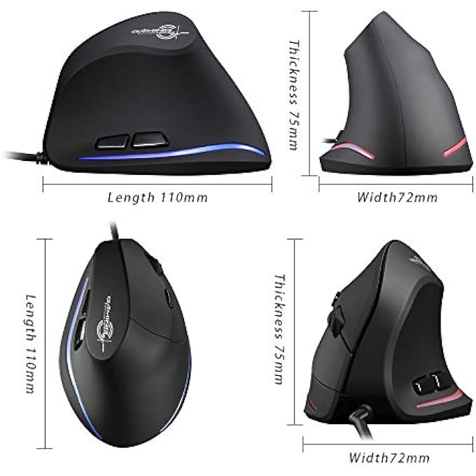 ZELOTES WIRED MOUSE FOR COMPUTER,3200DPI,6 BUTTONS LED USB OPTICAL ERGONOMIC MOUSE,VERTICAL MOUSE,CORDED MOUSE FOR LAPTOP,PC,MAC,BLACK - Image 3