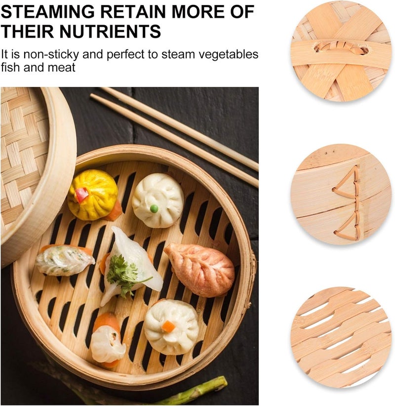 Bao Bun Steamer 20cm Natural Bamboo Steamer Basket with Lid Traditional Style Steamer Basket Food Pot Basket Steamer for Meat Dumpling Bao Bun Dim Sum Dumpling Steamer - Image 4