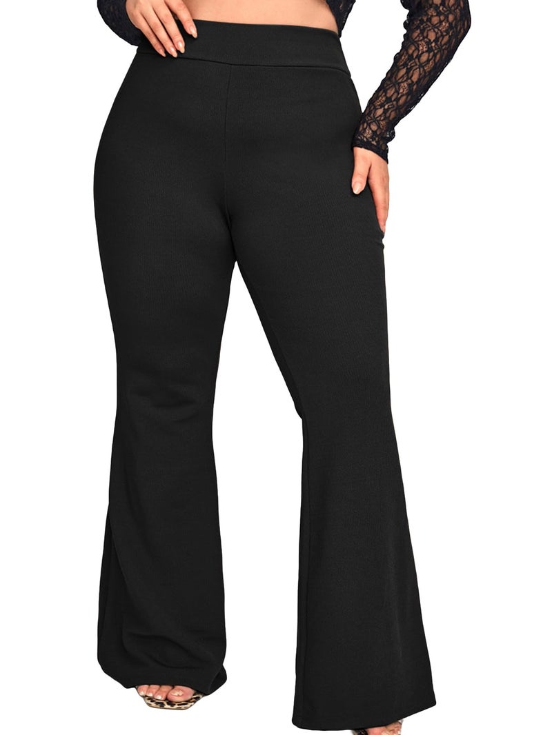 WDIRARA Women's Plus Size Elastic High Waist Flare Bell Bottom Ribbed Knit Long Pants Black 3XL - Image 1