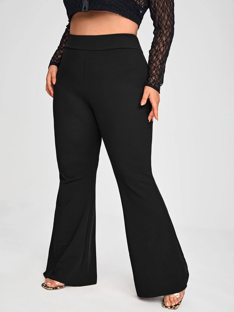 WDIRARA Women's Plus Size Elastic High Waist Flare Bell Bottom Ribbed Knit Long Pants Black 3XL - Image 4