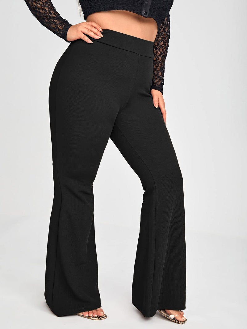 WDIRARA Women's Plus Size Elastic High Waist Flare Bell Bottom Ribbed Knit Long Pants Black 3XL - Image 3