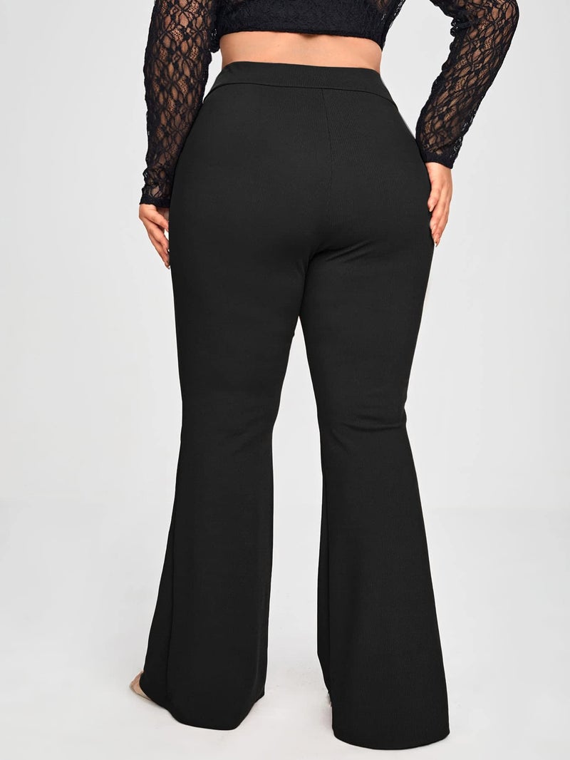 WDIRARA Women's Plus Size Elastic High Waist Flare Bell Bottom Ribbed Knit Long Pants Black 3XL - Image 2