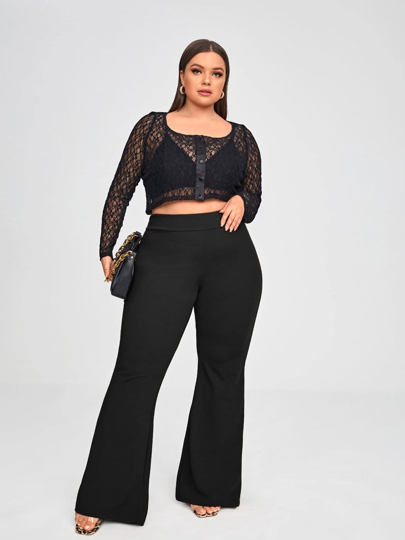 WDIRARA Women's Plus Size Elastic High Waist Flare Bell Bottom Ribbed Knit Long Pants Black 3XL - Image 5