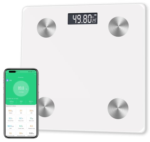 ميزان وزن رقمي، ميزان دهون الجسم بتقنية البلوتوث، شاشة LED وخطوة واحدة، مراقب تكوين الجسم، محلل صحي، 26 × 260 × 2 سم، أبيض