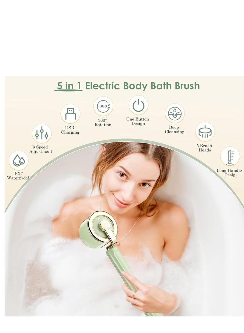 Zikra Electric Body Bath Brush, Rechargeable Back Brush Long Handle for Shower with 5 Spin Brush Heads, IPX7 Waterproof Silicone Body Scrubber Exfoliating Deep Cleansing Brush for Women Men - Image 5