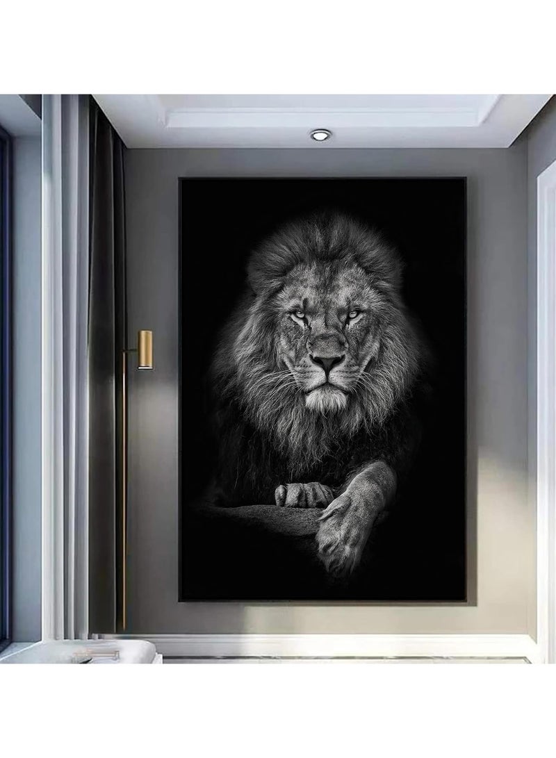 مؤسسة فكرة اليوم اليوم فكرة الأسود والأبيض الأسد قماش جدار الفن | لوحة بورتريه للحيوانات ، ملصق رأس الأسد البري لغرفة النوم وغرفة المعيشة وغرفة الملابس وديكور المكتب | 12 × 16 بوصة (بدون إطار) - Image 1