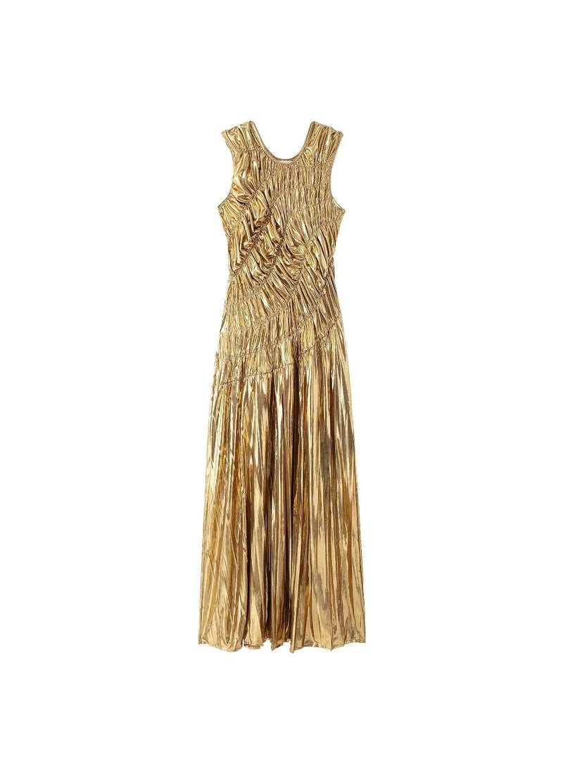 Generic - Metal Detailed Pleated Dress Womens Fashion No Sleeve Quick Sell European American Style Clothing Cross Border Trade Dress Gold - Image 1