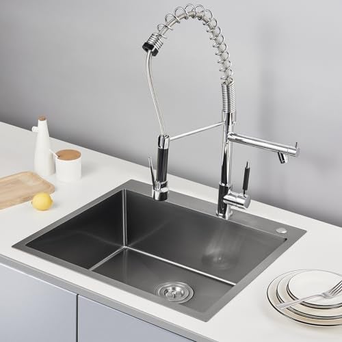 POPFLY 25x22 Inch Drop In Kitchen Sink, 25 Inch Top Mount 9 Inch Deep Single Bowl Utility Laundry SInks 18 Gauge Stainless Steel Outdoor Black Sink with 2 Holes - Image 2