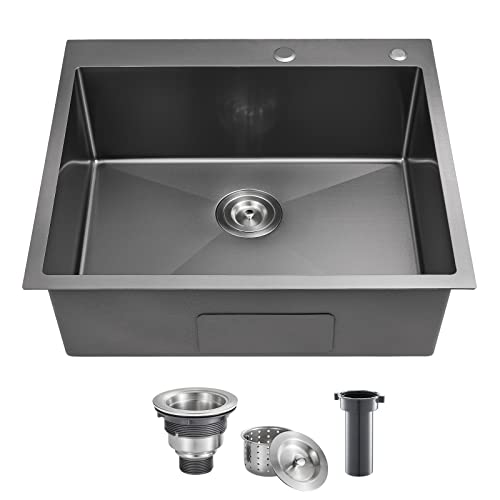 POPFLY 25x22 Inch Drop In Kitchen Sink, 25 Inch Top Mount 9 Inch Deep Single Bowl Utility Laundry SInks 18 Gauge Stainless Steel Outdoor Black Sink with 2 Holes - Image 1