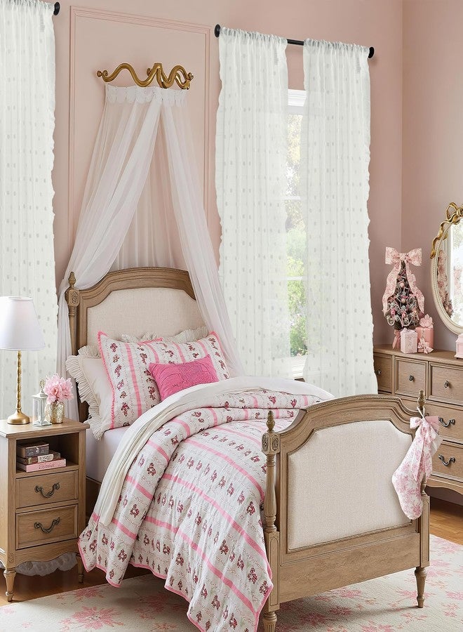 StangH Sheer Curtains for Living Room 84 Inches Long, Pom Pom Curtains for Bedroom, Boho Textured Semi Privacy Window Drapes for Nursery, Cute Ruffle Style, White, 2 Panels - Image 3