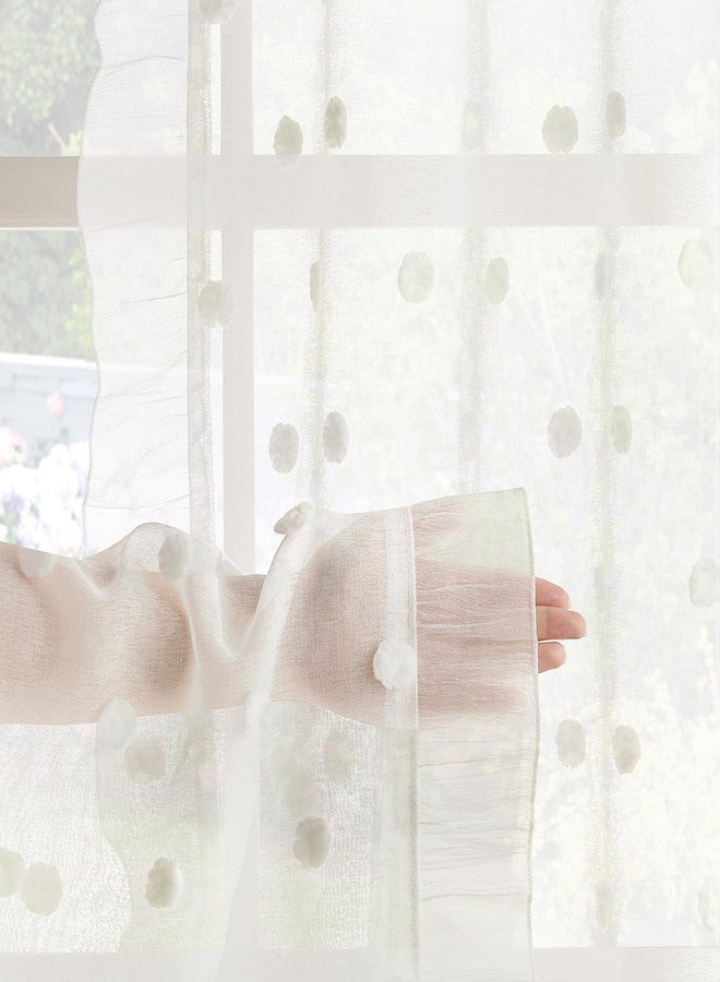 StangH Sheer Curtains for Living Room 84 Inches Long, Pom Pom Curtains for Bedroom, Boho Textured Semi Privacy Window Drapes for Nursery, Cute Ruffle Style, White, 2 Panels - Image 5