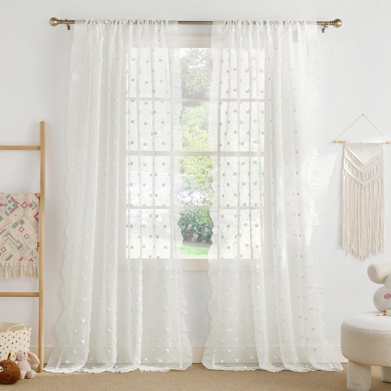 StangH Sheer Curtains for Living Room 84 Inches Long, Pom Pom Curtains for Bedroom, Boho Textured Semi Privacy Window Drapes for Nursery, Cute Ruffle Style, White, 2 Panels - Image 1