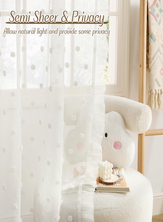 StangH Sheer Curtains for Living Room 84 Inches Long, Pom Pom Curtains for Bedroom, Boho Textured Semi Privacy Window Drapes for Nursery, Cute Ruffle Style, White, 2 Panels - Image 2