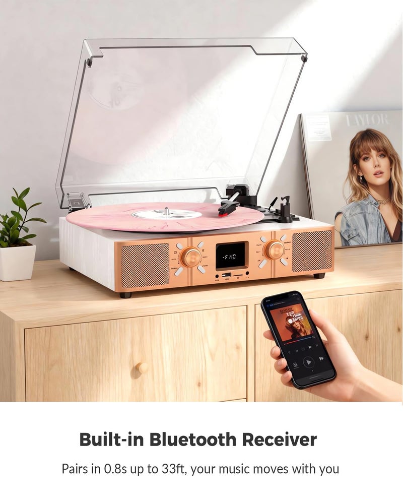 VICTRESS Vinyl Record Player with Built-in Speakers, Bluetooth Turntable for Vinyl Records, 3-Speed Belt-Driven LP Player, USB/Micro SD Recording, FM Radio, RCA/AUX/Headphone Jack, White Rose Gold - Image 2
