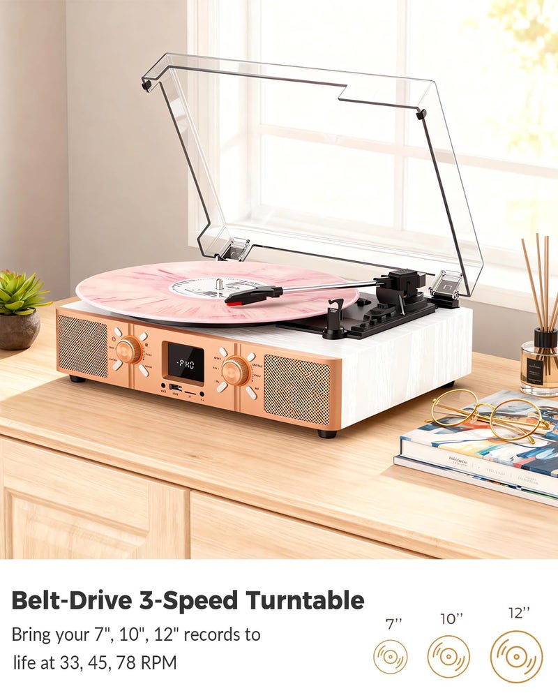 VICTRESS Vinyl Record Player with Built-in Speakers, Bluetooth Turntable for Vinyl Records, 3-Speed Belt-Driven LP Player, USB/Micro SD Recording, FM Radio, RCA/AUX/Headphone Jack, White Rose Gold - Image 3