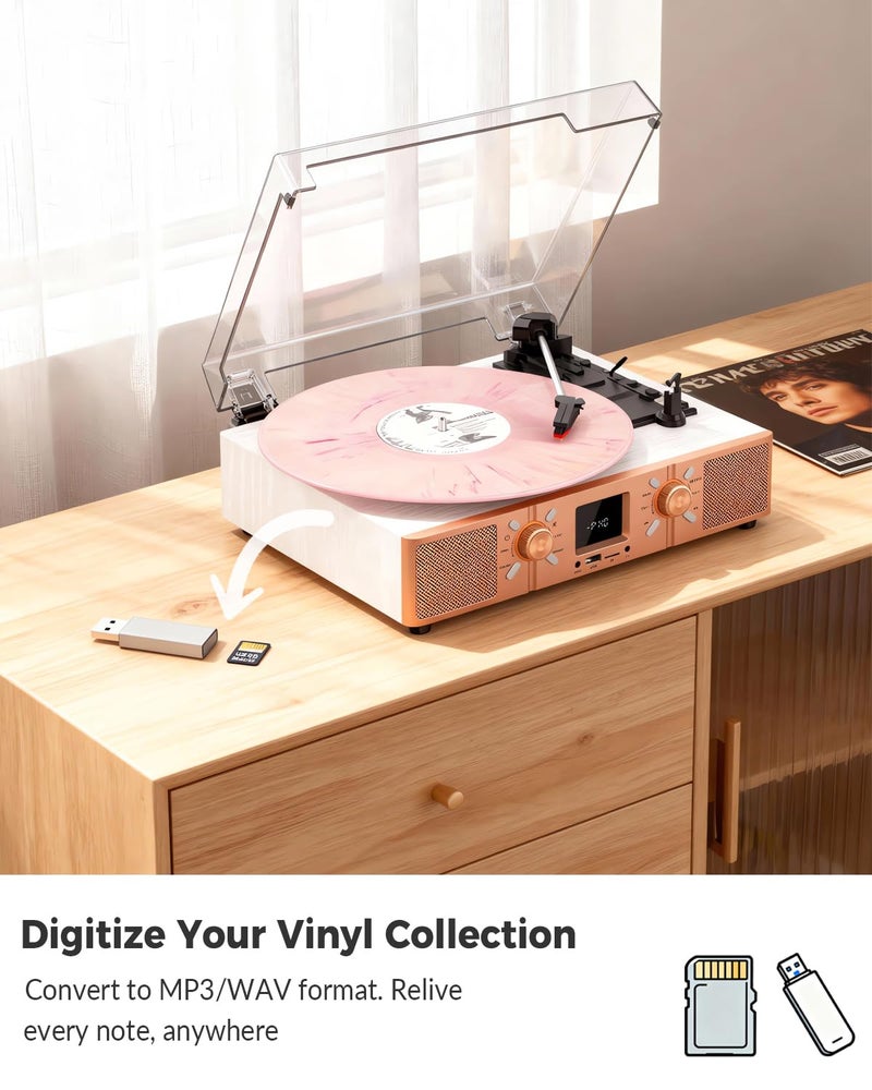 VICTRESS Vinyl Record Player with Built-in Speakers, Bluetooth Turntable for Vinyl Records, 3-Speed Belt-Driven LP Player, USB/Micro SD Recording, FM Radio, RCA/AUX/Headphone Jack, White Rose Gold - Image 4