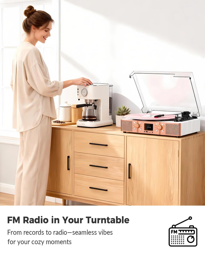 VICTRESS Vinyl Record Player with Built-in Speakers, Bluetooth Turntable for Vinyl Records, 3-Speed Belt-Driven LP Player, USB/Micro SD Recording, FM Radio, RCA/AUX/Headphone Jack, White Rose Gold - Image 5