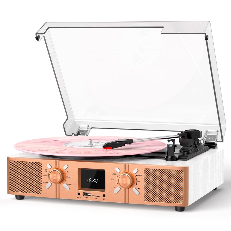 VICTRESS Vinyl Record Player with Built-in Speakers, Bluetooth Turntable for Vinyl Records, 3-Speed Belt-Driven LP Player, USB/Micro SD Recording, FM Radio, RCA/AUX/Headphone Jack, White Rose Gold - Image 1