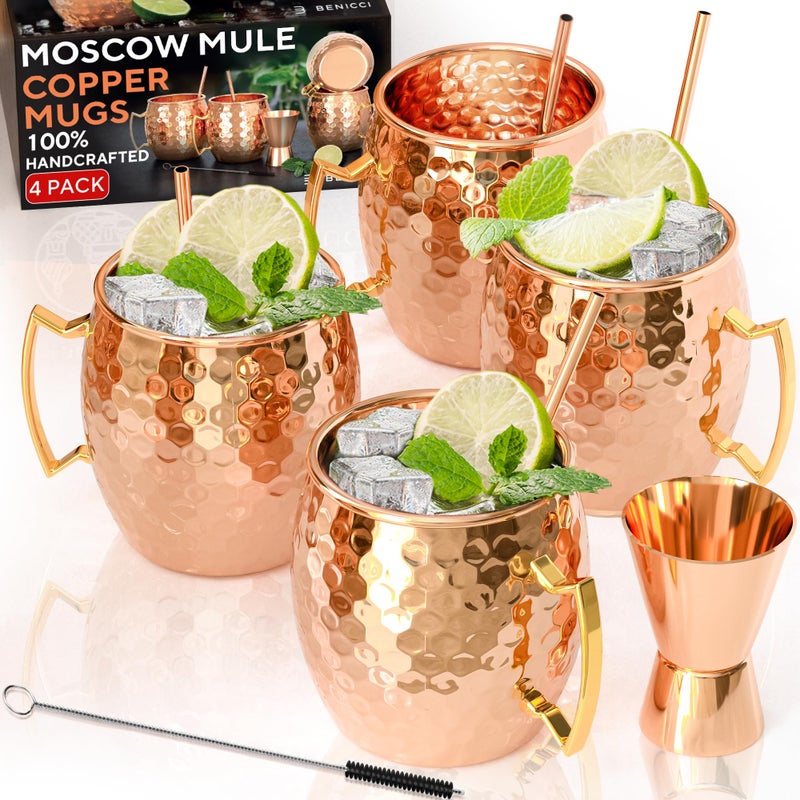 Benicci Benicci Moscow Mule Copper Mugs  Set of 4100 HANDCRAFTED  Food Safe Pure Solid Copper Mugs  16 oz Christmas Gift Set with Premium Quality Cocktail Copper Straws and Jigger 