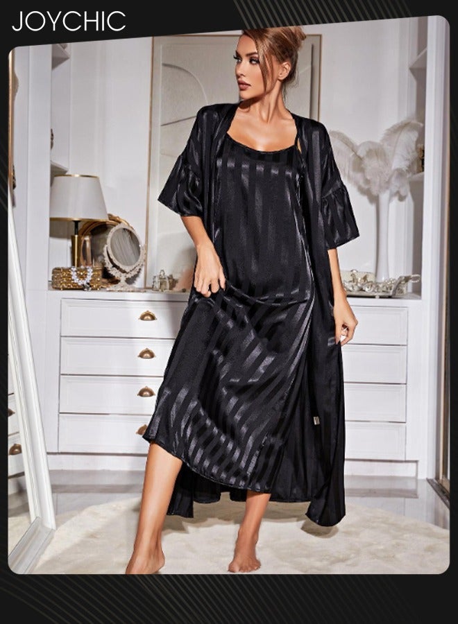 Joychic 2-piece Women Pajamas Set Sleep Robe+Suspender Night Dress Female Ice Silk Long Sleeves Nightgown Home Clothes Black - Image 1