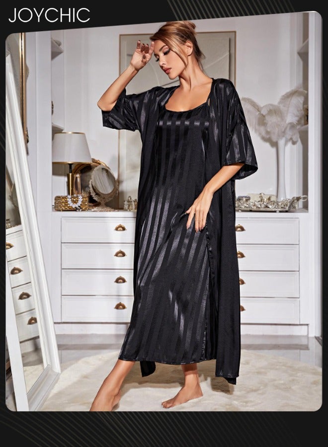 Joychic 2-piece Women Pajamas Set Sleep Robe+Suspender Night Dress Female Ice Silk Long Sleeves Nightgown Home Clothes Black - Image 2