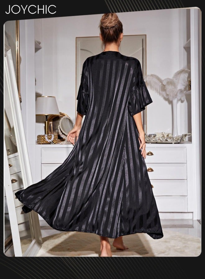 Joychic 2-piece Women Pajamas Set Sleep Robe+Suspender Night Dress Female Ice Silk Long Sleeves Nightgown Home Clothes Black - Image 3