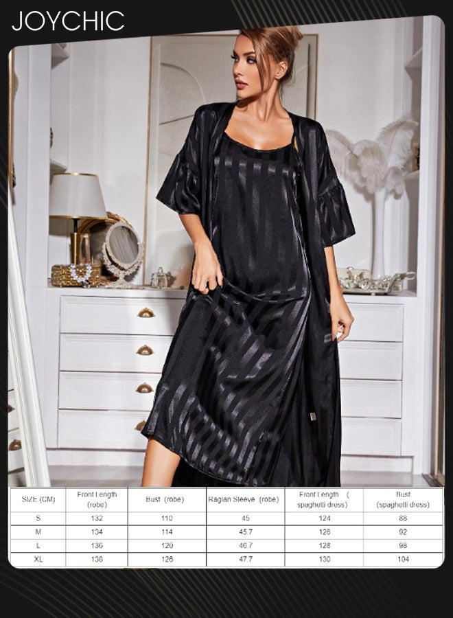 Joychic 2-piece Women Pajamas Set Sleep Robe+Suspender Night Dress Female Ice Silk Long Sleeves Nightgown Home Clothes Black - Image 4