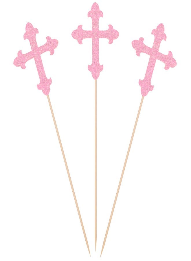 Giuffi Pink Glitter Cross Centerpiece Sticks for Baptism Christening Party Decorations - Set of 10 - Image 1