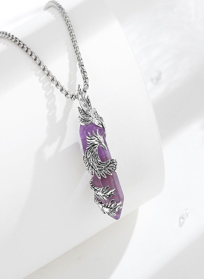 INFUSEU Amethyst Crystal Phoenix Necklace Bird Healing Stone Jewelry for Women Men Protection Raven Witch Pendant Spiritual Meditation Rock Gifts - Image 2