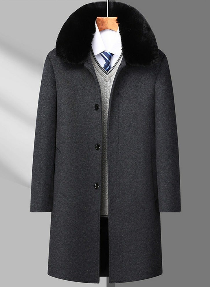 Men's Thickened Woolen Casual Coat With Detachable Fur Collar Jacket Overcoat with Pockets Grey