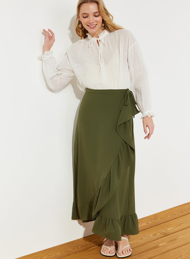 trendyol Dark Khaki Wrap Flounced Woven Skirt - Image 3