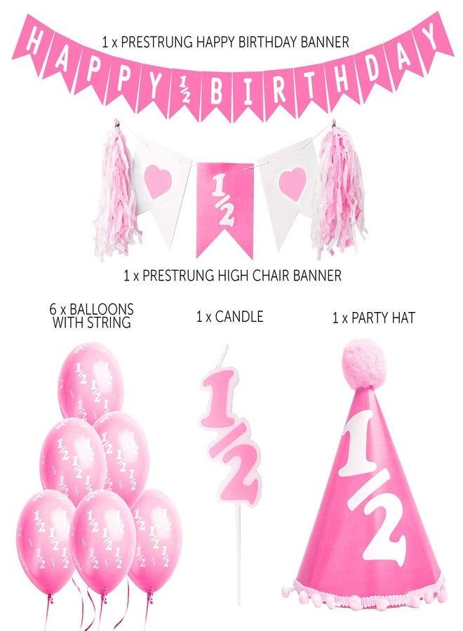 Over The Line Half Birthday Party Pack Decorations: Comes in Baby Blue or Ultra Pink (1/2 Candle, 1/2 Balloons, 1/2 Hat and 1/2 Banners) (Pink) - Image 3