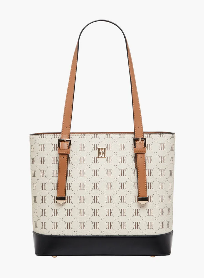 ELLE Monogram Print Tote Bag with Zip Closure