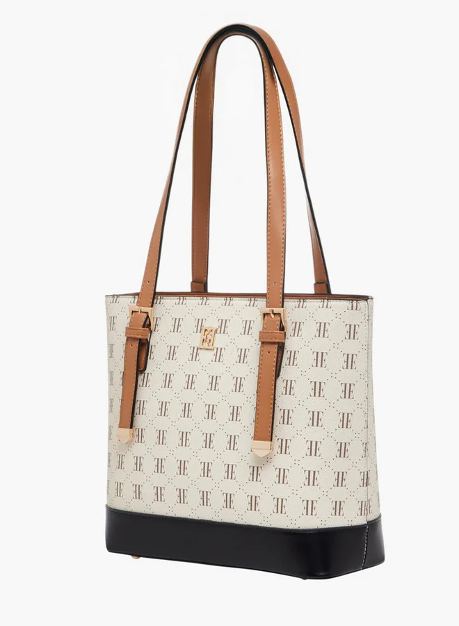 ELLE Monogram Print Tote Bag with Zip Closure