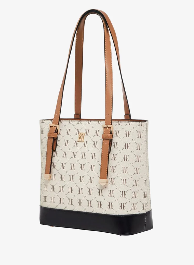 ELLE Monogram Print Tote Bag with Zip Closure