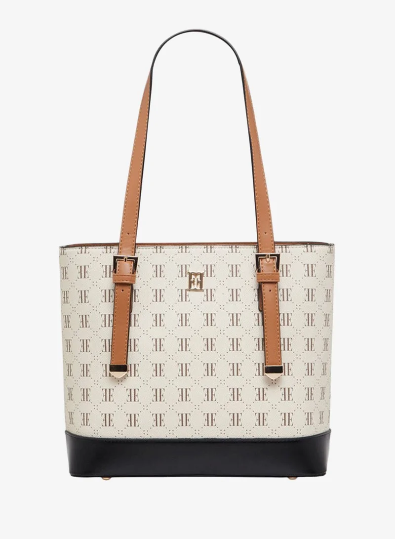 ELLE Monogram Print Tote Bag with Zip Closure