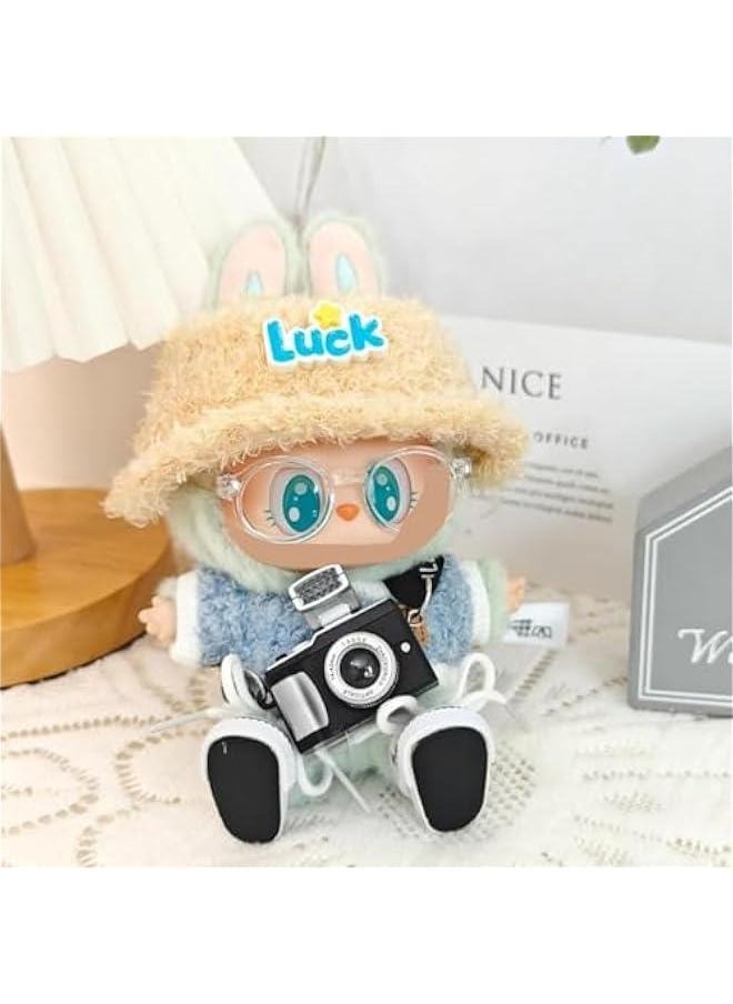 Arabest Chic Style Doll Clothes Set for 17cm Labubu Dolls - Outfit + Light Pink Velvet Hat + Camera + Glasses + Canvas Shoes  - Image 1
