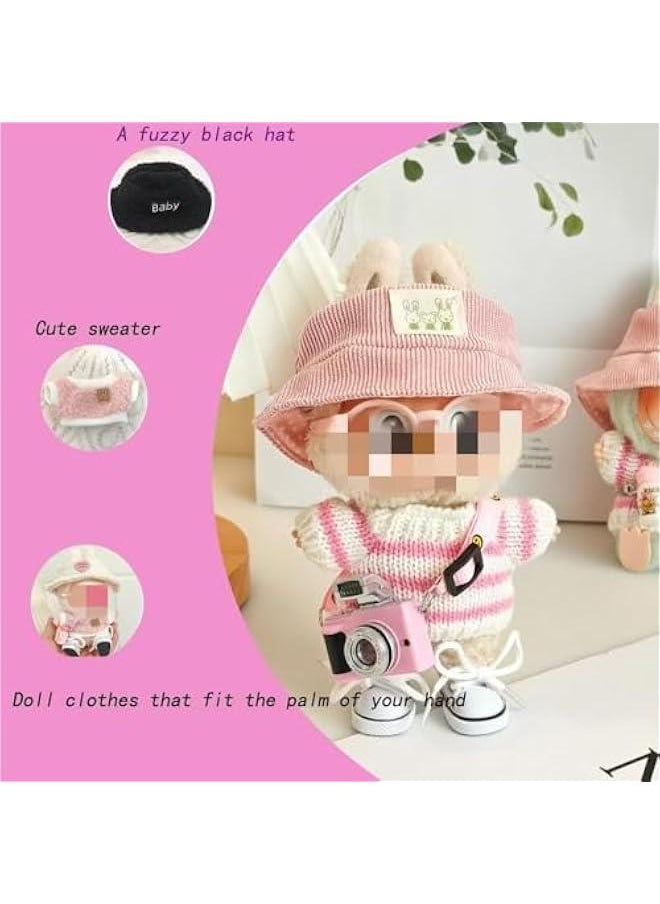 Arabest Chic Style Doll Clothes Set for 17cm Labubu Dolls - Outfit + Light Pink Velvet Hat + Camera + Glasses + Canvas Shoes  - Image 2