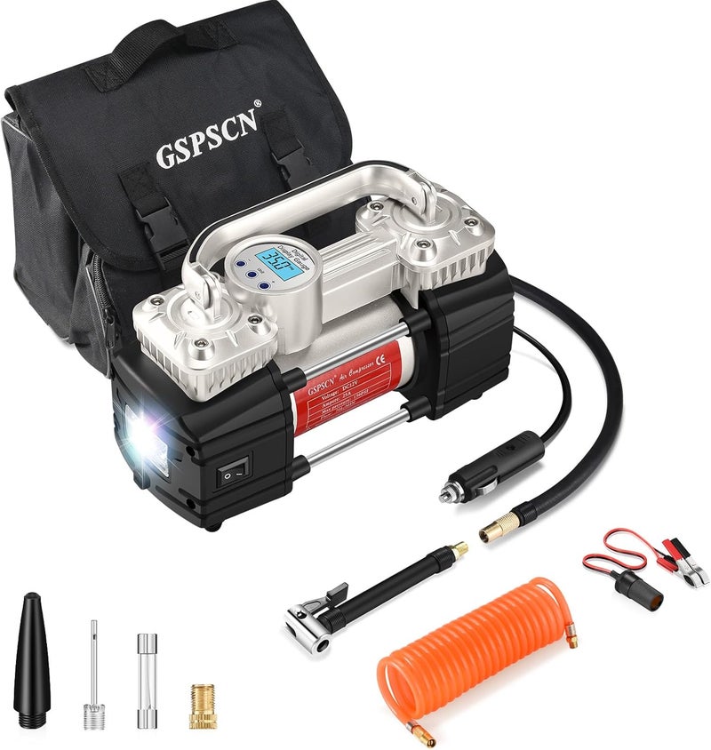 GSPSCN Portable Digital Car Tire Inflator with Gauge 150Psi Auto Shut-Off, Heavy Duty Double Cylinders 12V Air Compressor Pump with LED Light - Image 1