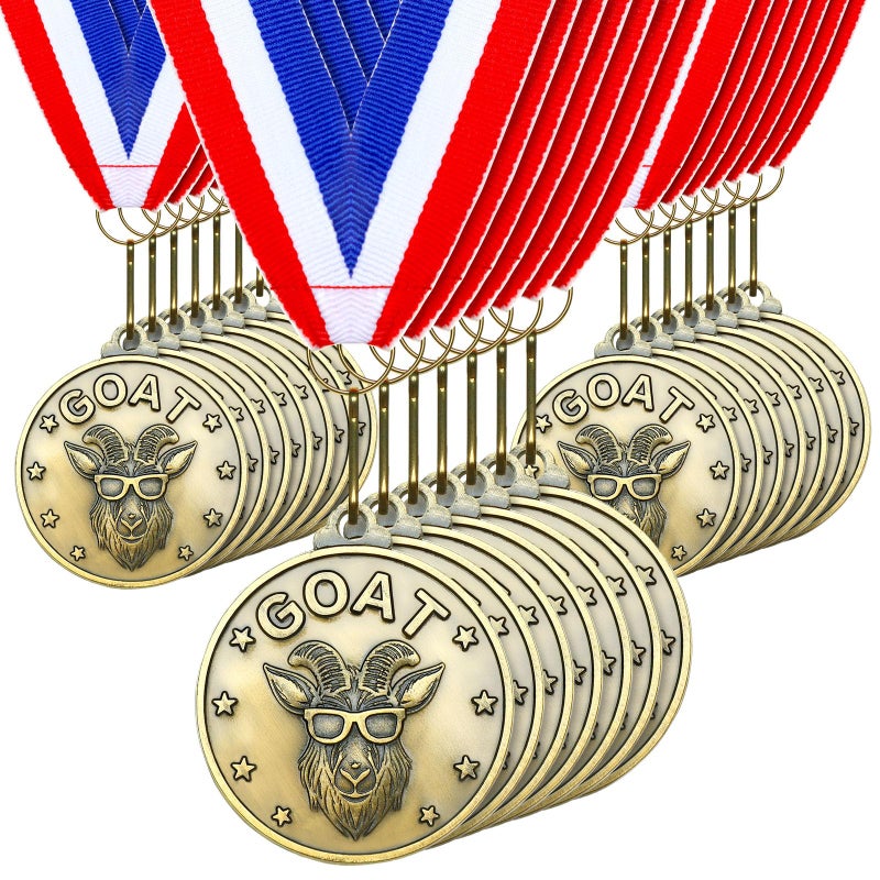 Remuuly 30-60 Pcs Goat Medals Bulk Greatest of All Time Medals MVP Award with Neck Ribbon All Time Goat Trophy Gold Champion Prize for Team Events, Sports Competitions(30) - Image 1