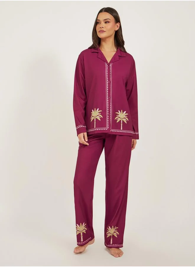 Styli Palm Placement Printed Shirt and Pyjama Pants Set