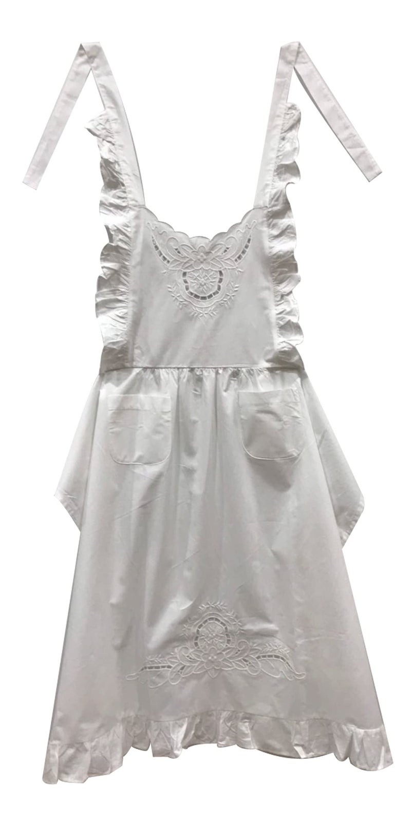 Minhcraft White Cotton Beautiful Flower Embroidery Apron-Ruffles Full Length Bib Women Apron - Image 1