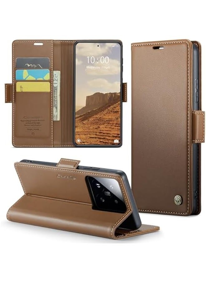 Leather protective cover is suitable for Xiaomi 14,, magnetic closure-shockproof brown cover - Image 1