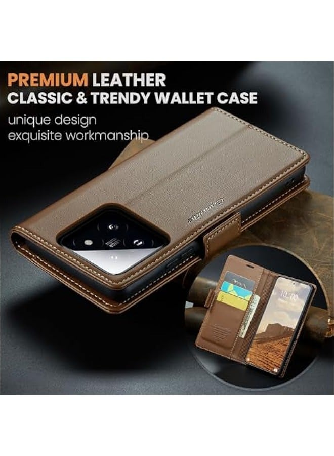 Leather protective cover is suitable for Xiaomi 14,, magnetic closure-shockproof brown cover - Image 5