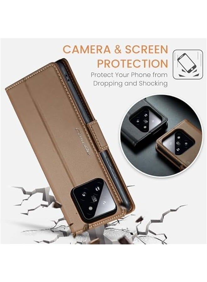 Leather protective cover is suitable for Xiaomi 14,, magnetic closure-shockproof brown cover - Image 4