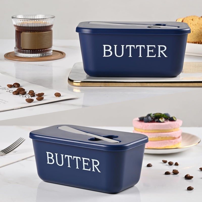 Dehov Butter Dish With Lid And Knife,BPA Free Food Grade Plastic Butter Keeper Containers With Cover For Home Coutertop And Refrigerater,Blue Butter Holder - Image 2