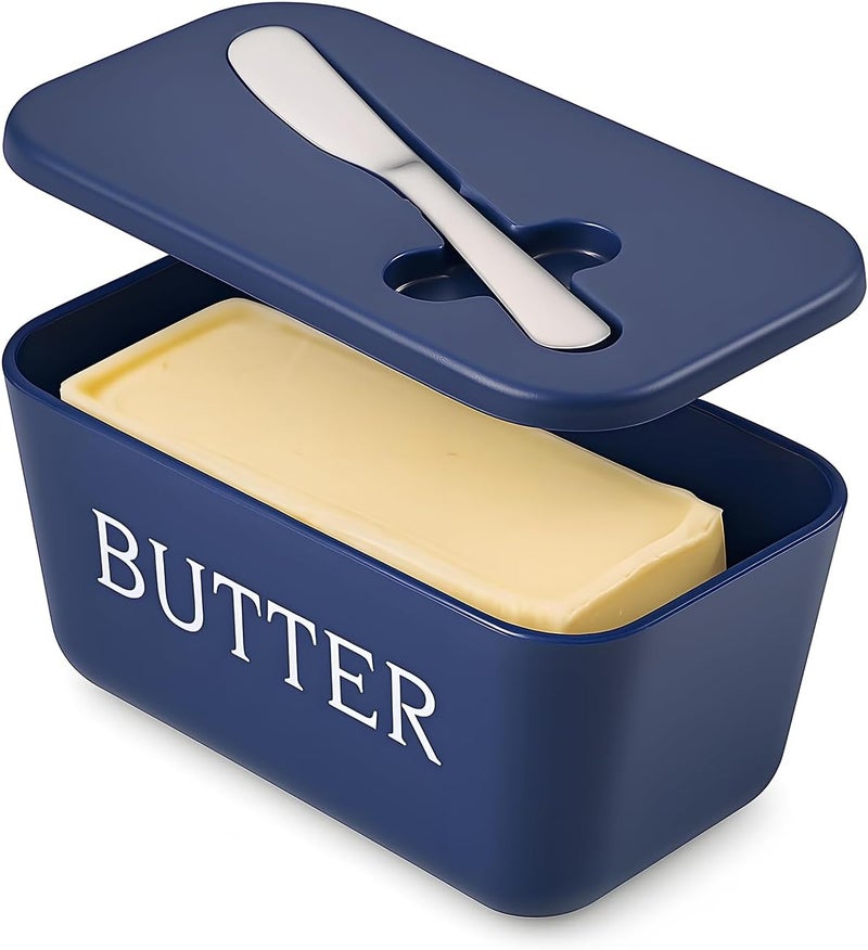 Dehov Butter Dish With Lid And Knife,BPA Free Food Grade Plastic Butter Keeper Containers With Cover For Home Coutertop And Refrigerater,Blue Butter Holder - Image 1