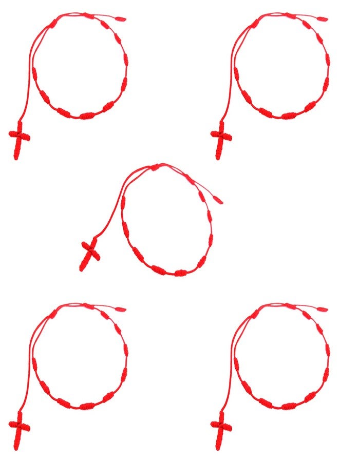 YouU Set of 5 Handmade Rosary Cross Bracelets Adjustable Pulseras Decenarios (Red) - Image 1